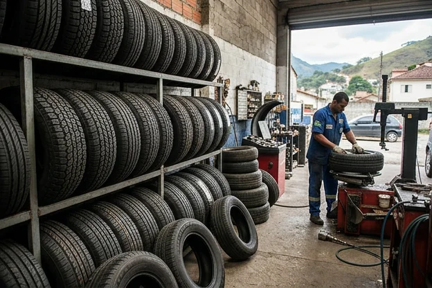 Diversos tipos de pneus disponíveis em uma borracharia.