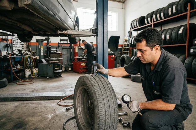 Técnico inspecionando a condição de pneus em uma borracharia.