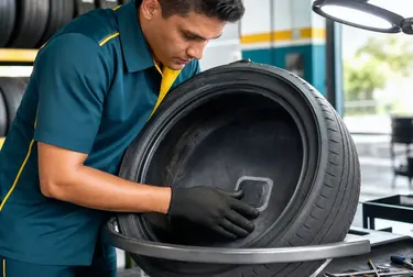 Um profissional consertando um pneu em uma borracharia.