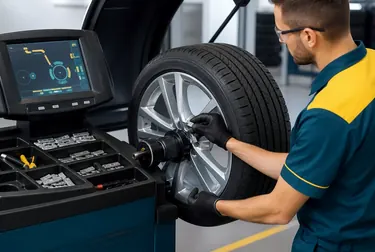 Um profissional realizando balanceamento de rodas em uma borracharia.