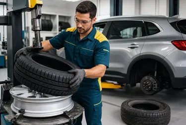 Um profissional trocando pneus de um carro em uma borracharia.