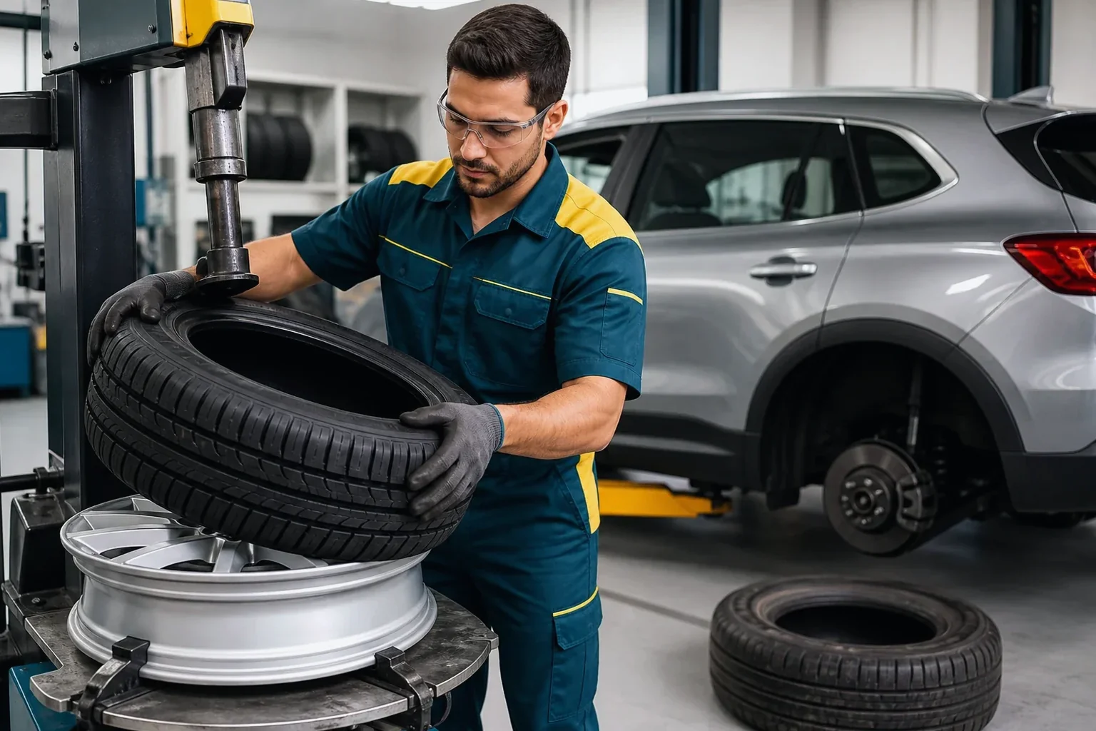 Um profissional trocando pneus de um carro em uma borracharia.