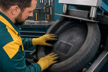 Um profissional vulcanizando um pneu em uma borracharia.