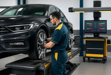 Um técnico ajustando o alinhamento de rodas de um veículo em uma oficina.